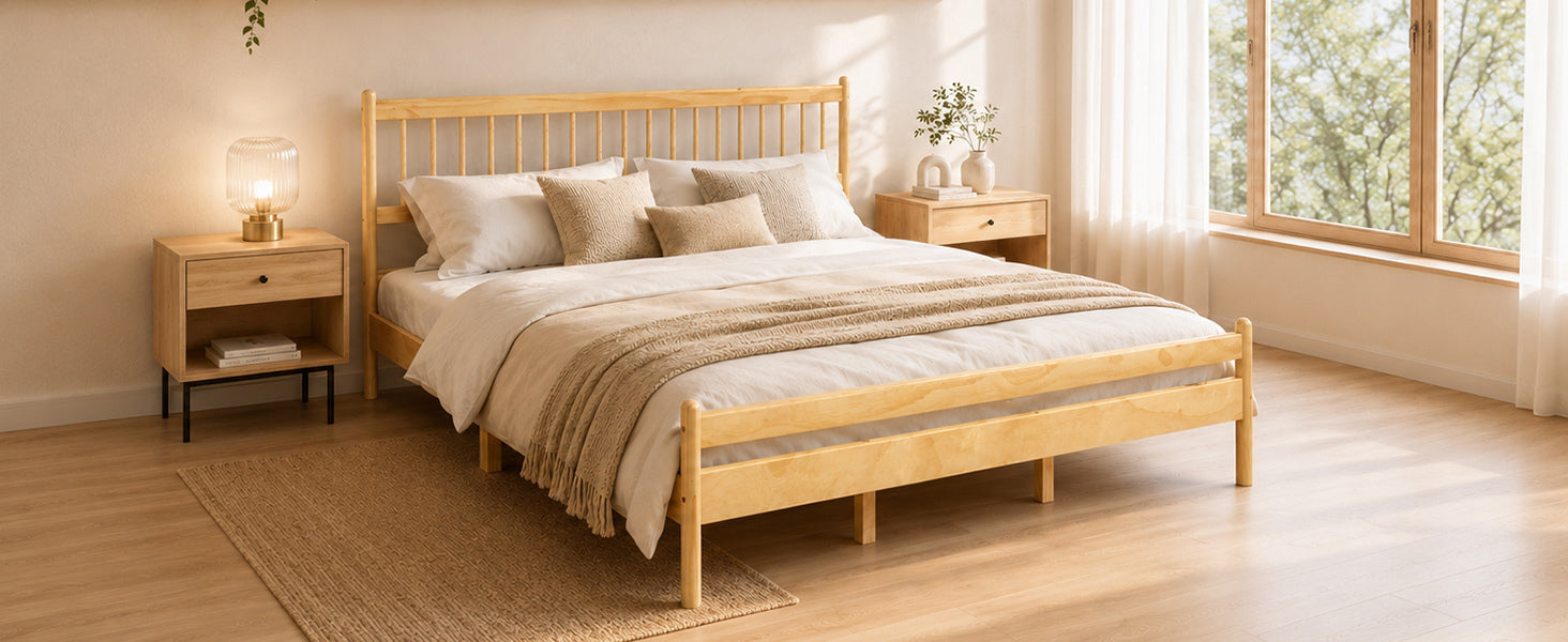 Traditional Style King Size Bed with Headboard and Footboard, Pinewood Bed with Strengthened Bed Frame,Walnut