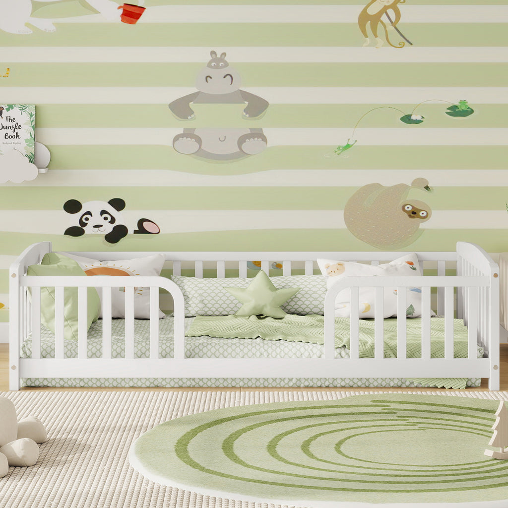 Twin Size Floor Fence Bed with Central Entrance,Pine Wood Floor bed with Guardrails,White