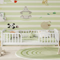 Twin Size Floor Fence Bed with Central Entrance,Pine Wood Floor bed with Guardrails,White