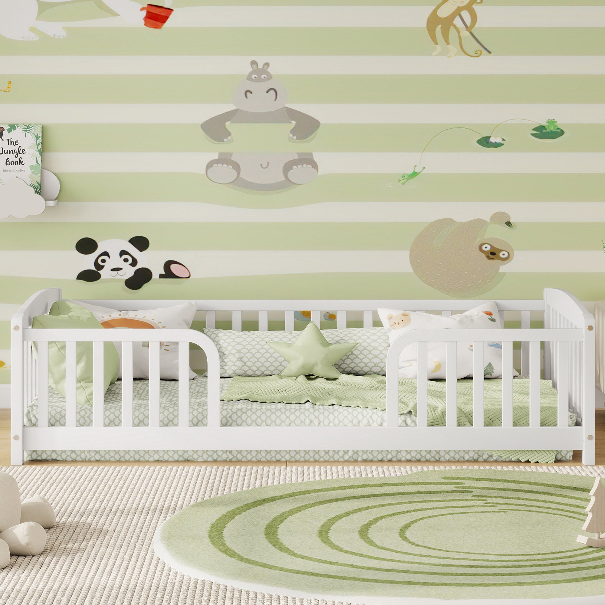 Twin Size Floor Fence Bed with Central Entrance,Pine Wood Floor bed with Guardrails,White