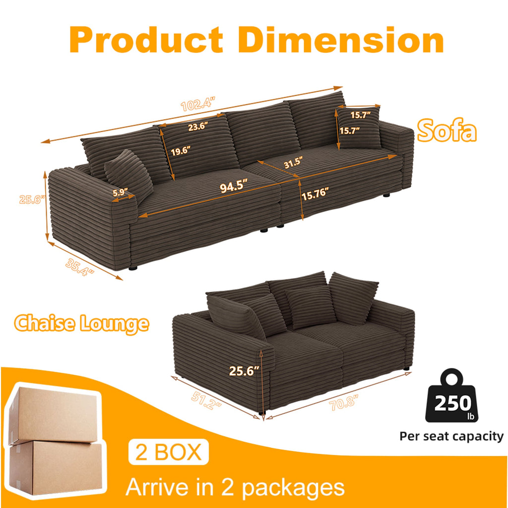 102.4 'Plush Corduroy 4-Seat Sofa,Modern Comfy Upholstered Sofa Cloud Couch,Deep Seat Couches with Soft Pillows and 3 Ottomans,Convertible Sofa Lounge Chair,Black(Old SKU:W1885S00287)