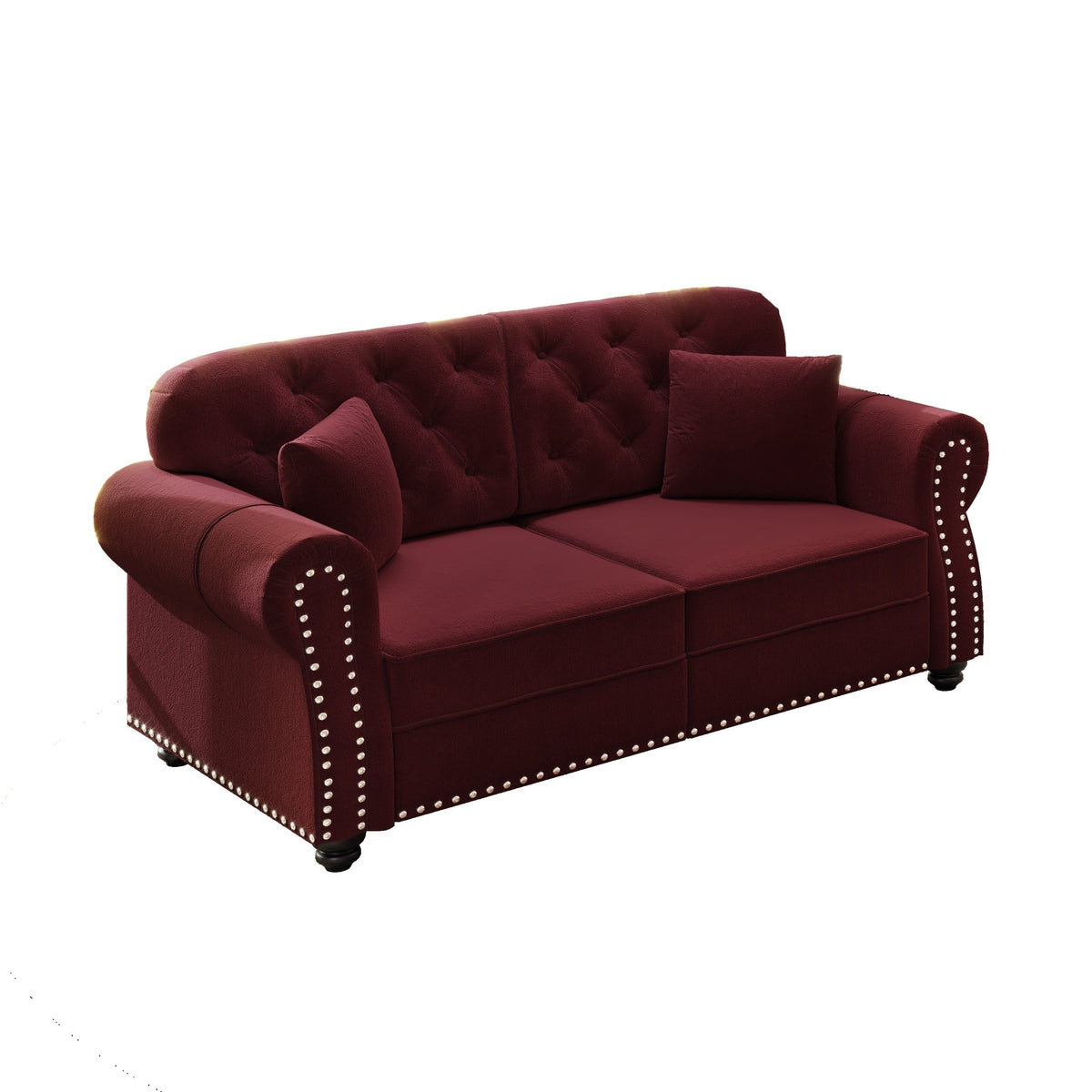 63'Upholstered Velvet Sofa with Nailhead Trim and Rolled Armrests,Mid-Century Modern Chesterfield Sofa with Button Tufted,Includes 2 Pillows,Beige/White