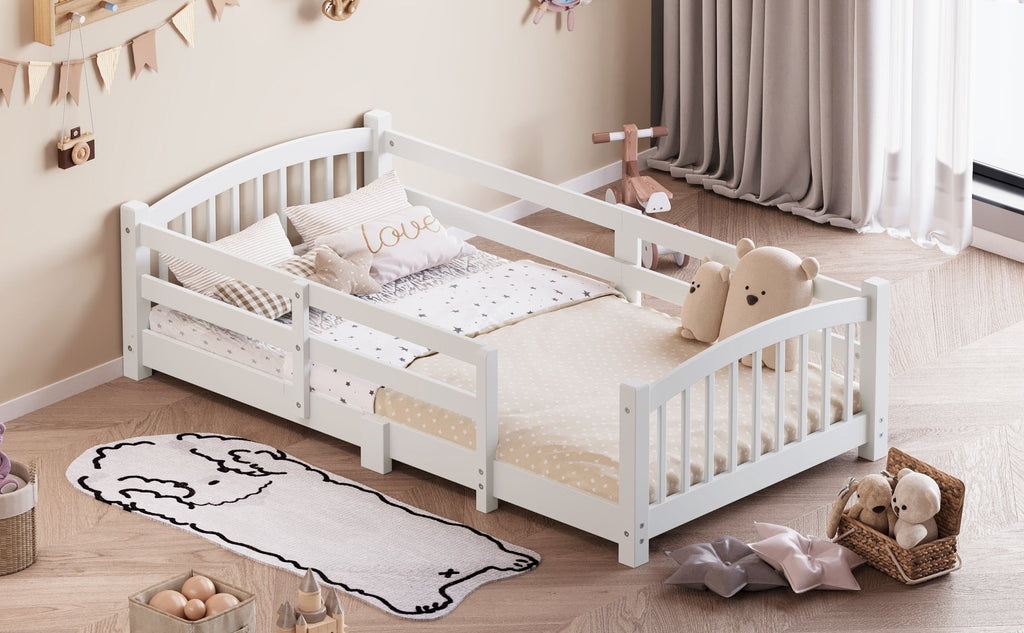 Twin Montessori Floor Bed with Slats and Safety Guardrails, Solid Wood Floor Bed with Fence and Without Door, Easy Assemble Montessori Bed for Girls and Boys, Gray