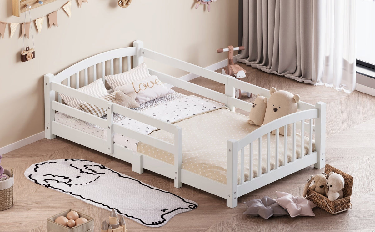 Twin Montessori Floor Bed with Slats and Safety Guardrails, Solid Wood Floor Bed with Fence and Without Door, Easy Assemble Montessori Bed for Girls and Boys, Gray