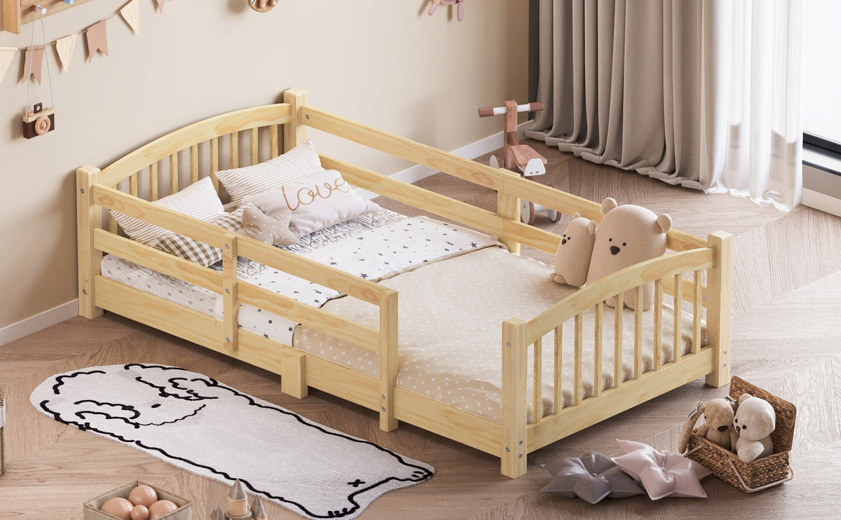 Twin Montessori Floor Bed with Slats and Safety Guardrails, Solid Wood Floor Bed with Fence and Without Door, Easy Assemble Montessori Bed for Girls and Boys, Gray