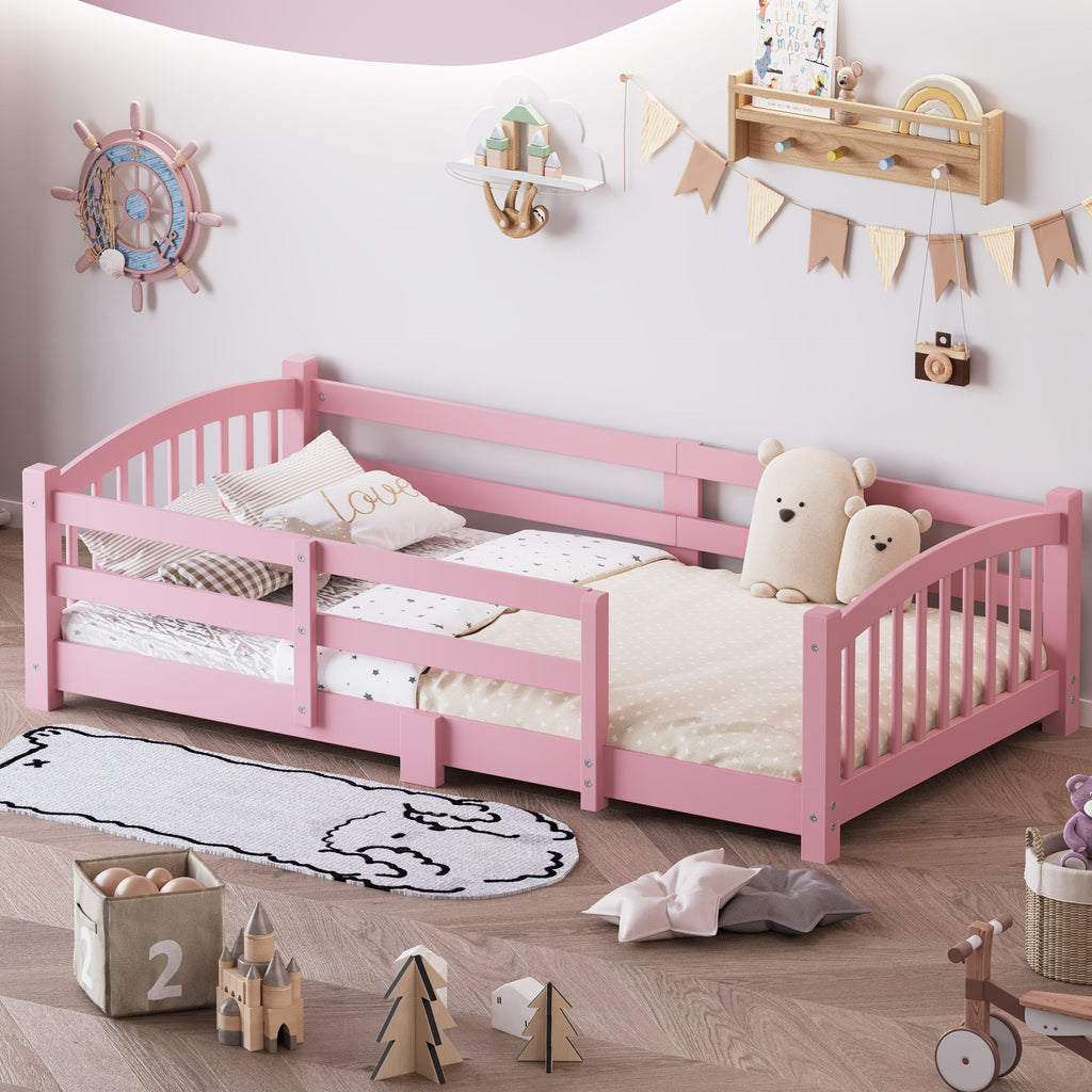 Twin Montessori Floor Bed with Slats and Safety Guardrails, Solid Wood Floor Bed with Fence and Without Door, Easy Assemble Montessori Bed for Girls and Boys, Gray