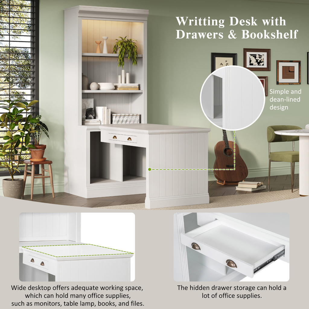 White bookcase desk drawer and metal handle detail