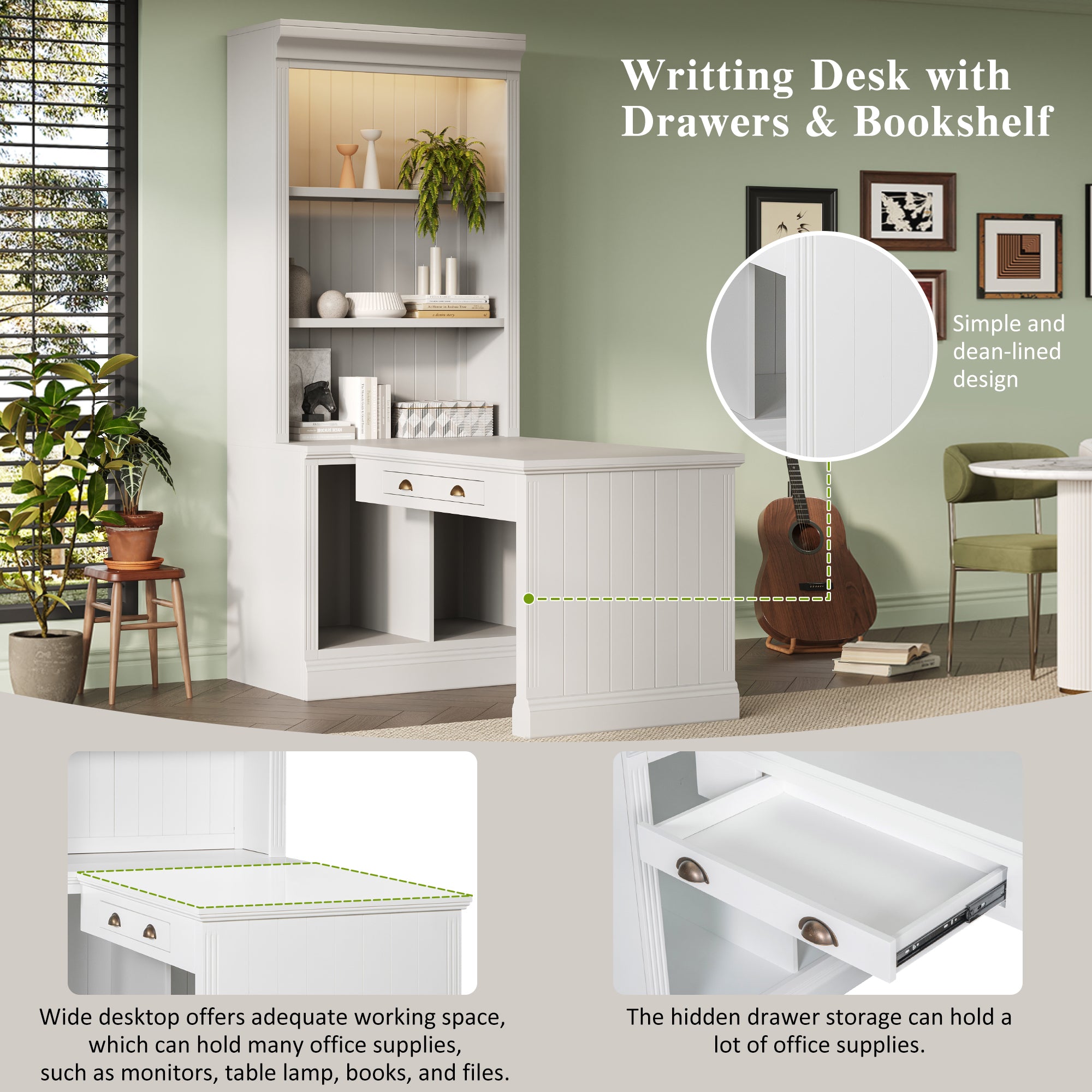 White bookcase desk drawer and metal handle detail