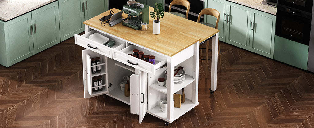 K&K 47 inch Kitchen Island with Extendable Dining Table, Rubber Wood Veneer Kitchen Table with Internal Storage Rack, Power Outlet, Kitchen island with Storage 2 Drawers 2 Cabinet, Black