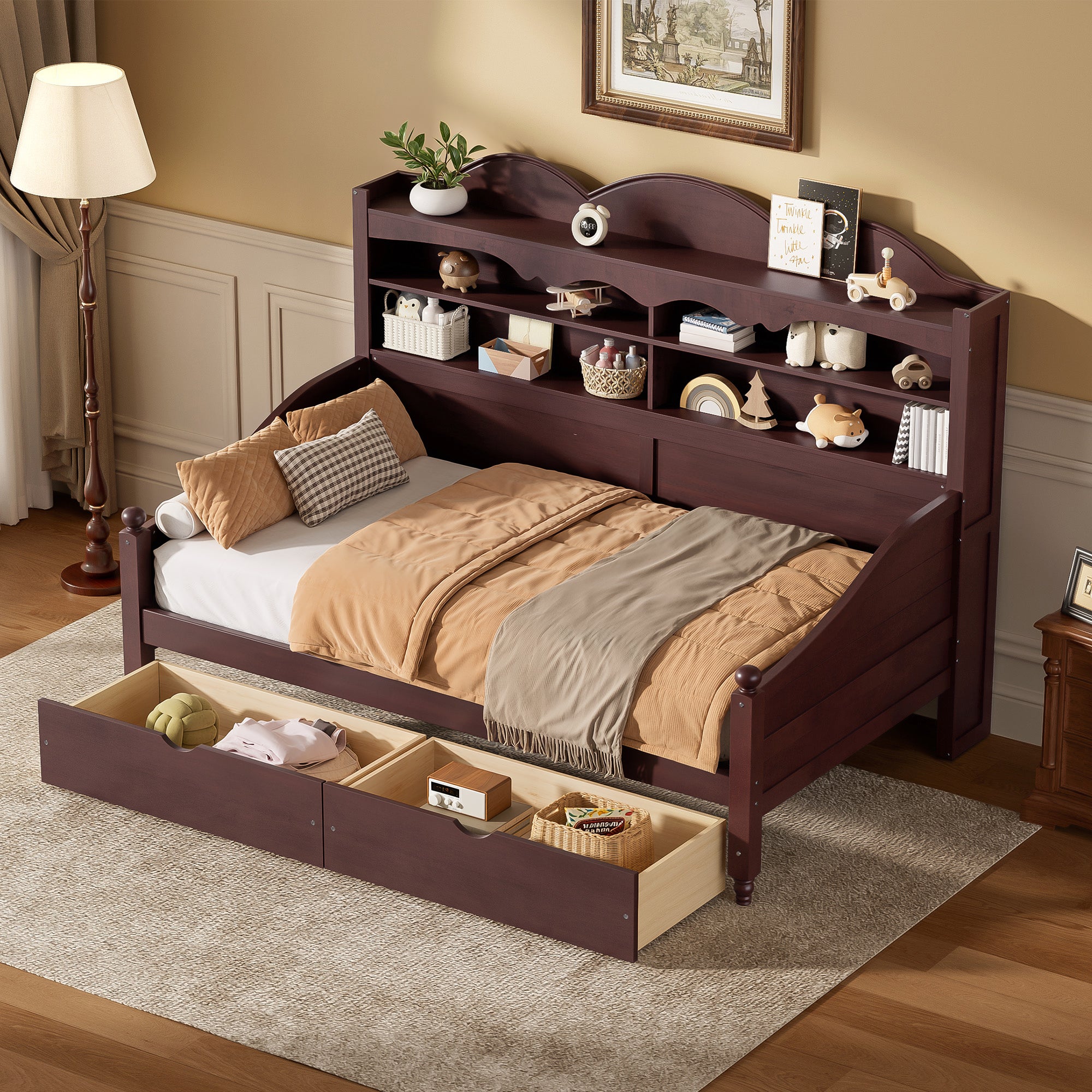 Twin Daybed With Storage Drawers, Wooden Twin Day Bed With Storage Headboard Shelving, Retro Style Daybed For Bedroom,Living Room,Guest Room,No Box Spring Needed, Easy Assembly,Espresso