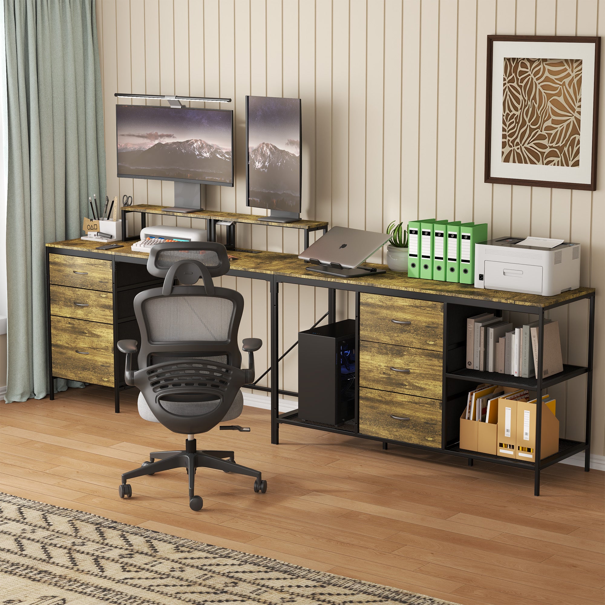 Computer desk steel frame and particle board surface detail