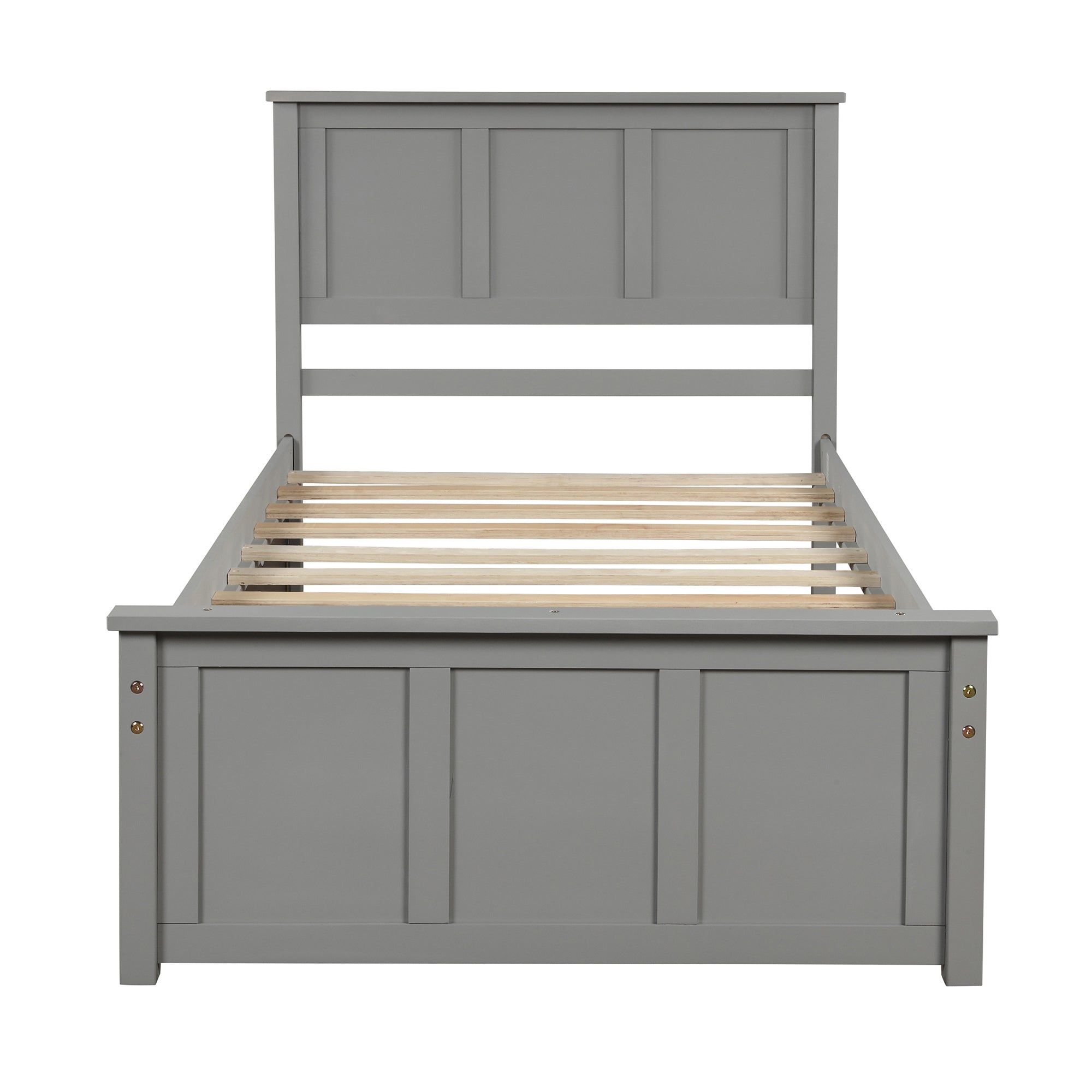 Gray twin platform bed side profile with trundle