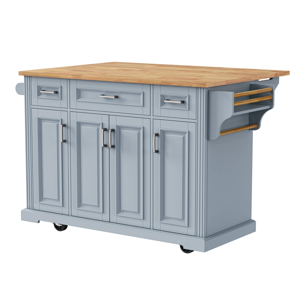 K&K 54inch Large Kitchen Island with Rubber Wood Drop Leaf, Embossed Texture Rolling Kitchen Cart on 4 Wheels with 4 Doors and 3 Drawers, Kitchen Island with Storage for Kitchen, Dining Room,Black