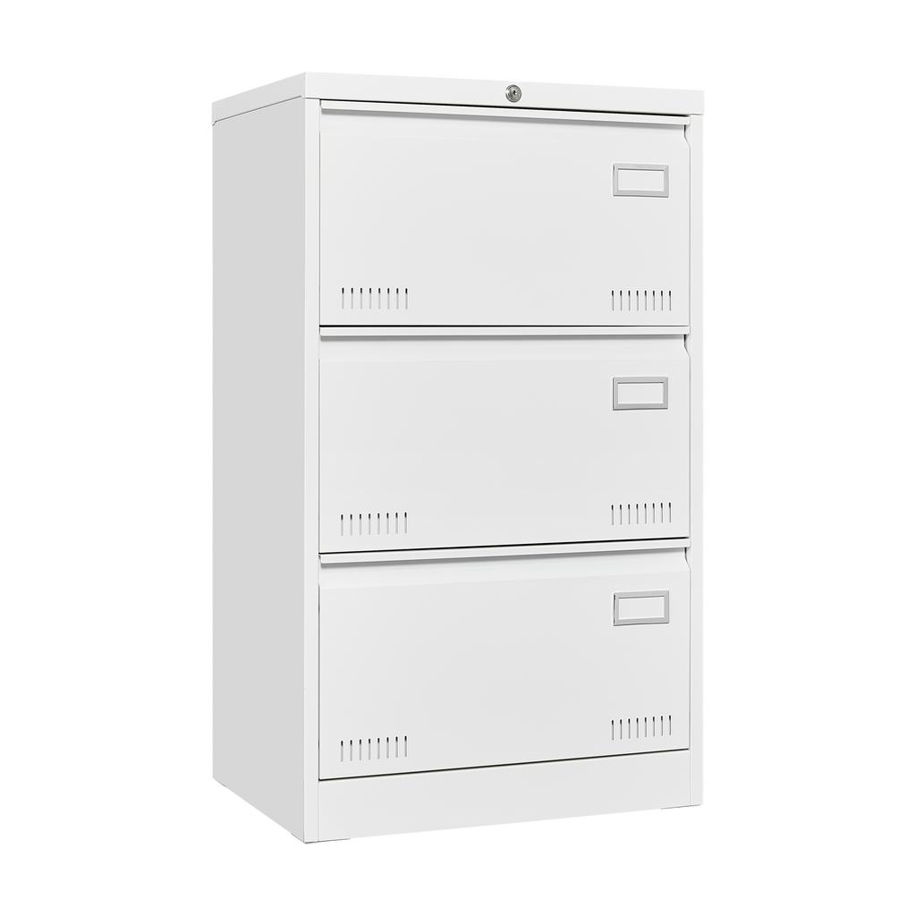 White 3-drawer metal lateral file cabinet with lock — front view
