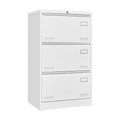 White 3-drawer metal lateral file cabinet with lock — front view
