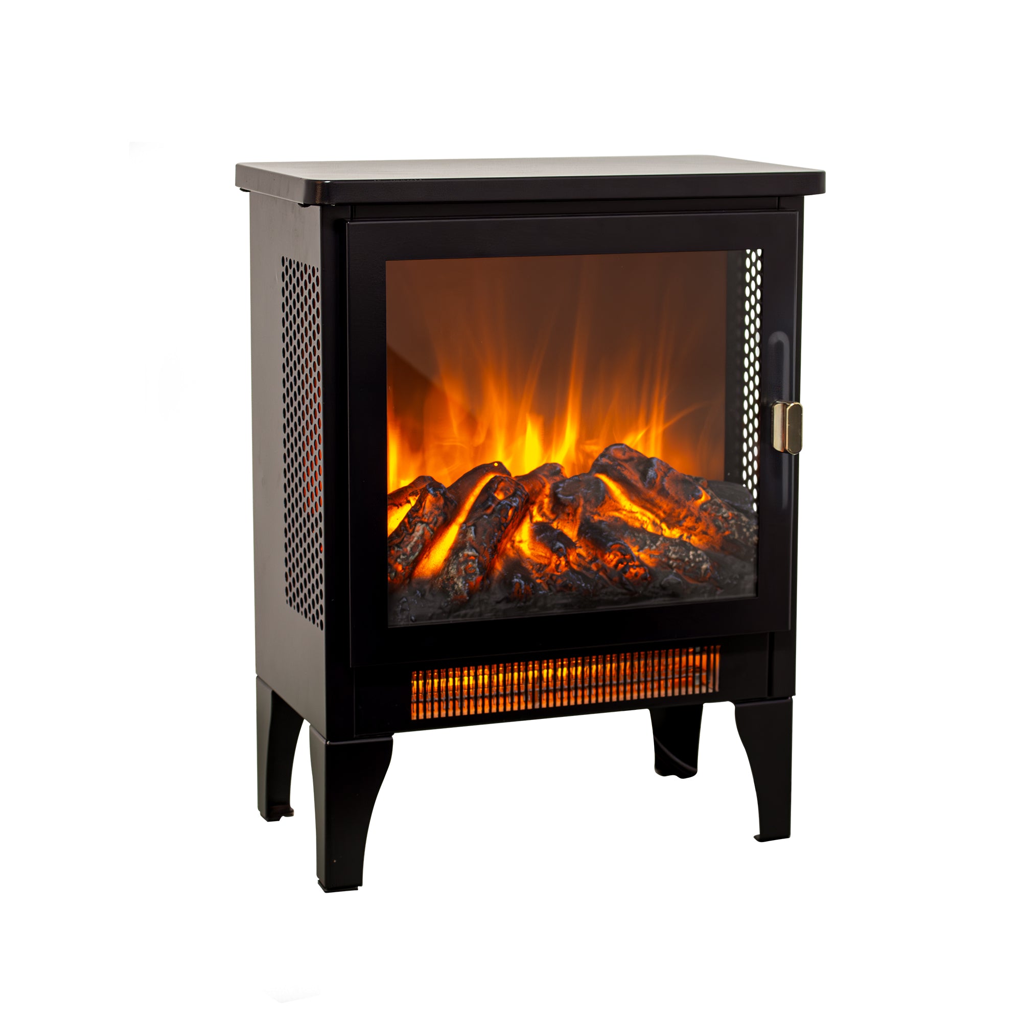 Black electric fireplace stove realistic 3D flame log bed close-up