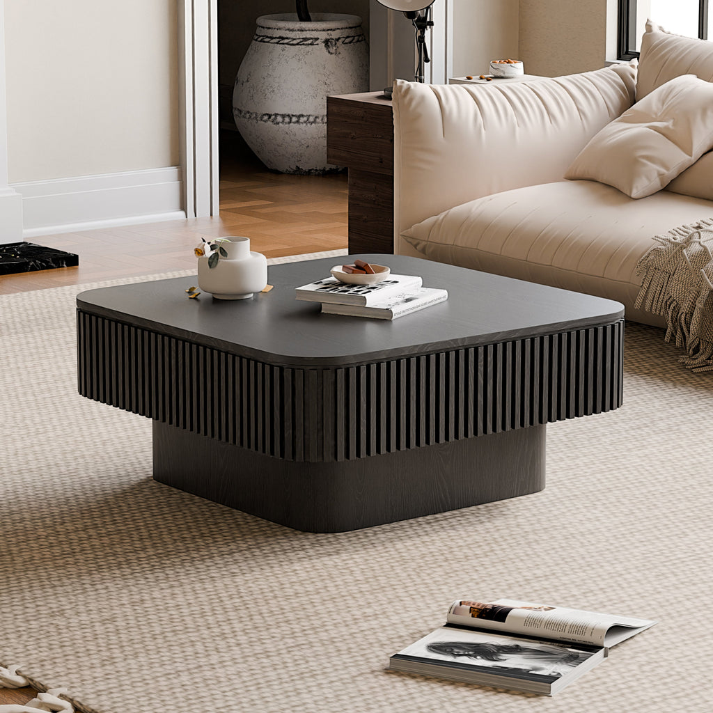 31.5'' Square Coffee Table with Storage Solid Wood Veneered Modern Coffee Table Accent Tea Table for Living Room, Bedroom, Apartment or Office, Natural Wood