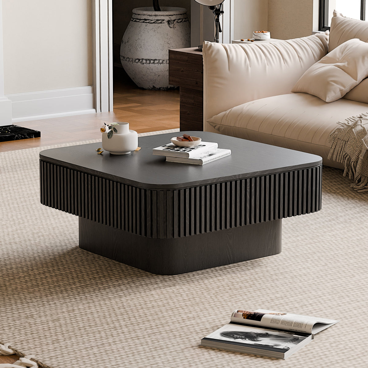 31.5'' Square Coffee Table with Storage Solid Wood Veneered Modern Coffee Table Accent Tea Table for Living Room, Bedroom, Apartment or Office, Natural Wood