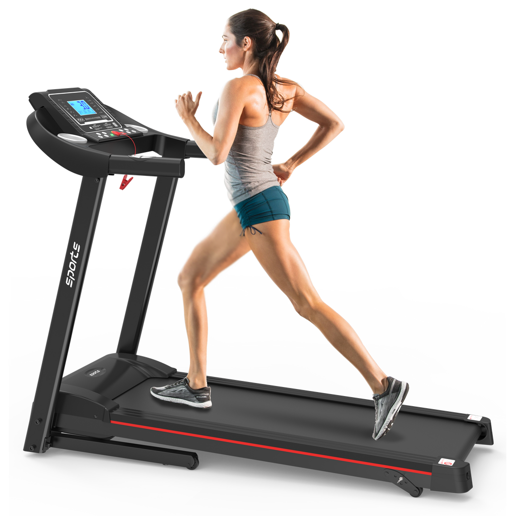 Black foldable treadmill with Fitshow App and incline — front view