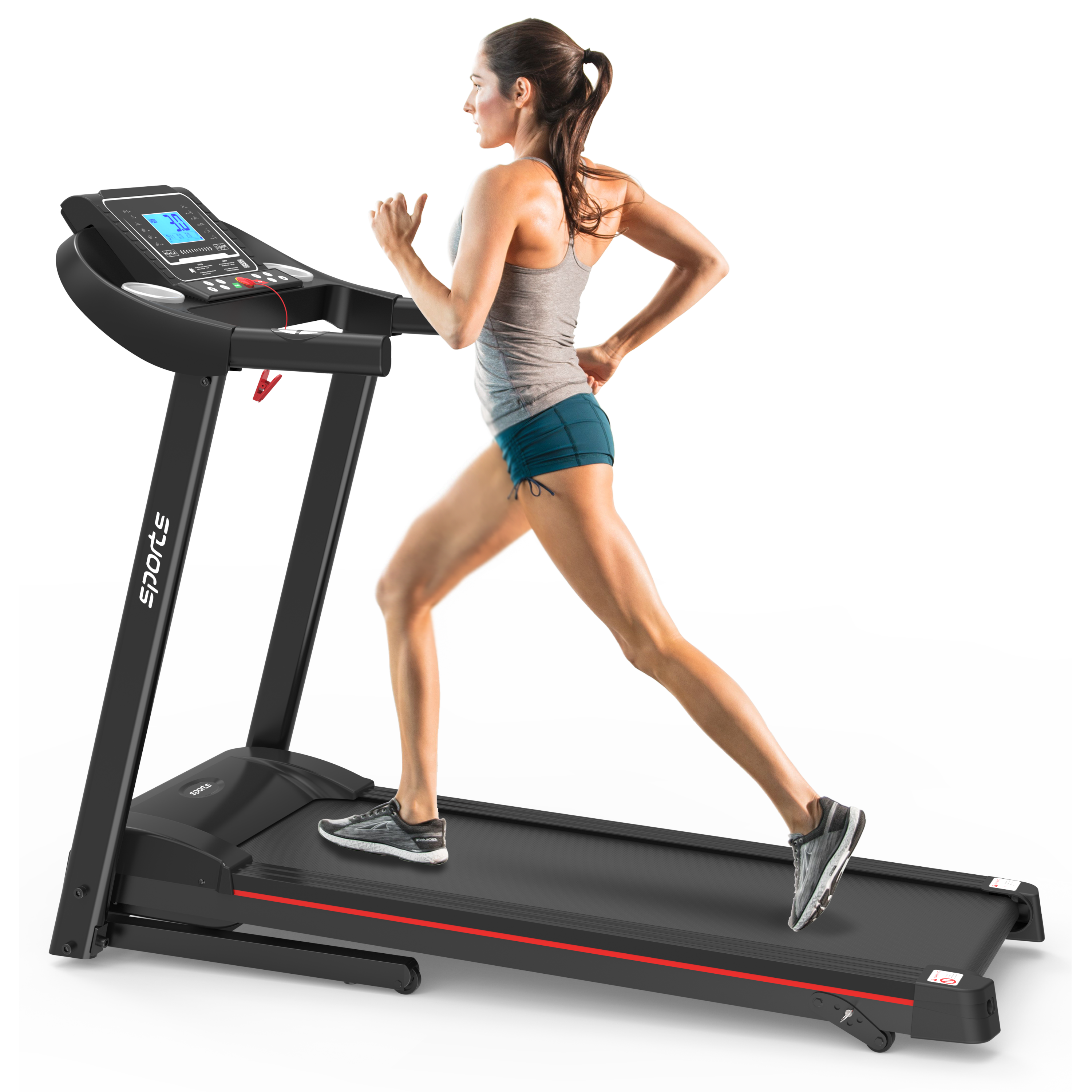 Black foldable treadmill with Fitshow App and incline — front view