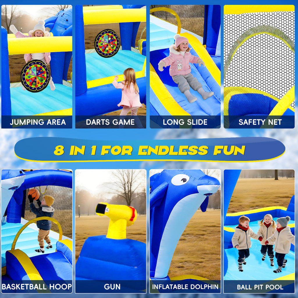 Multicolor inflatable water park bounce house outdoor setup