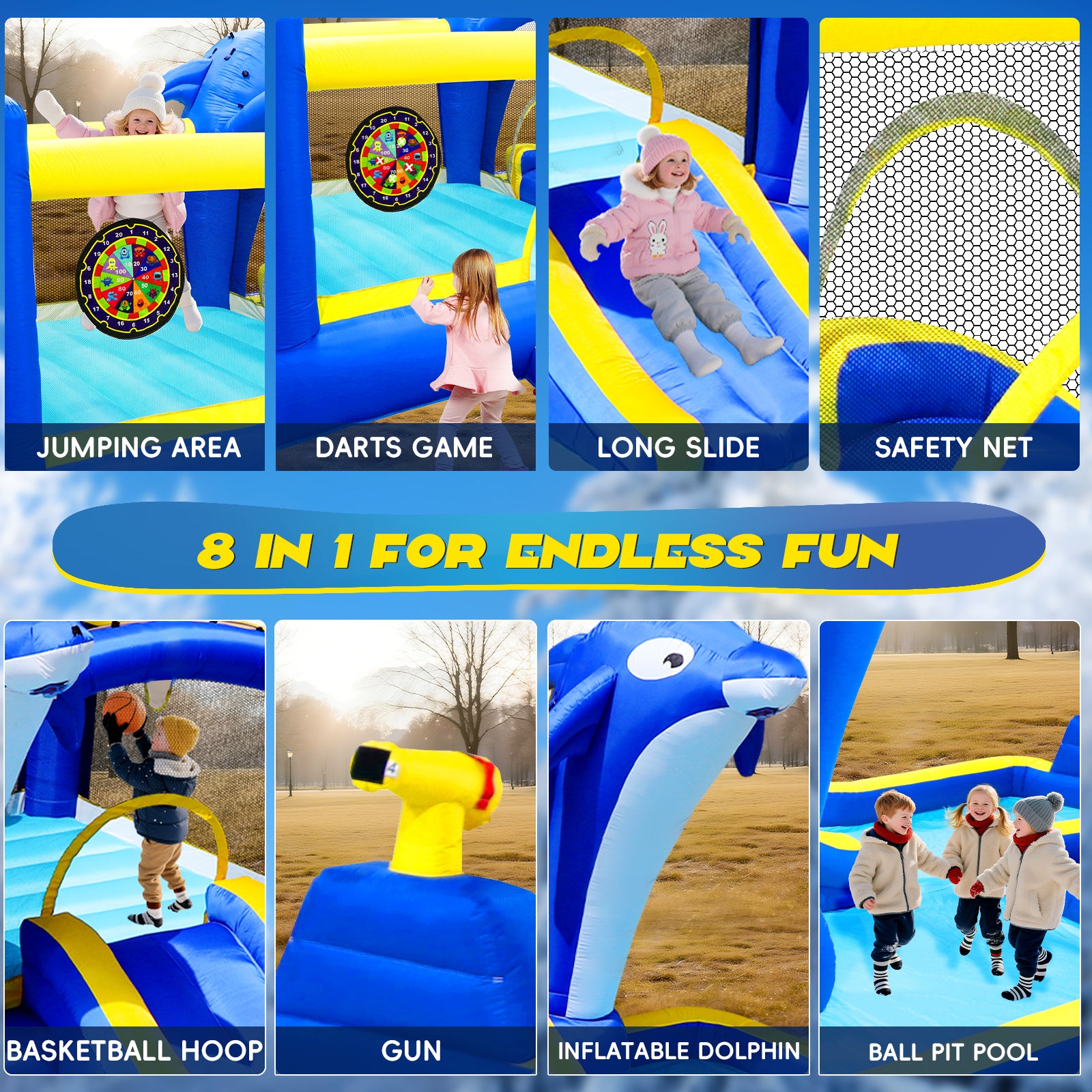 Multicolor inflatable water park bounce house outdoor setup