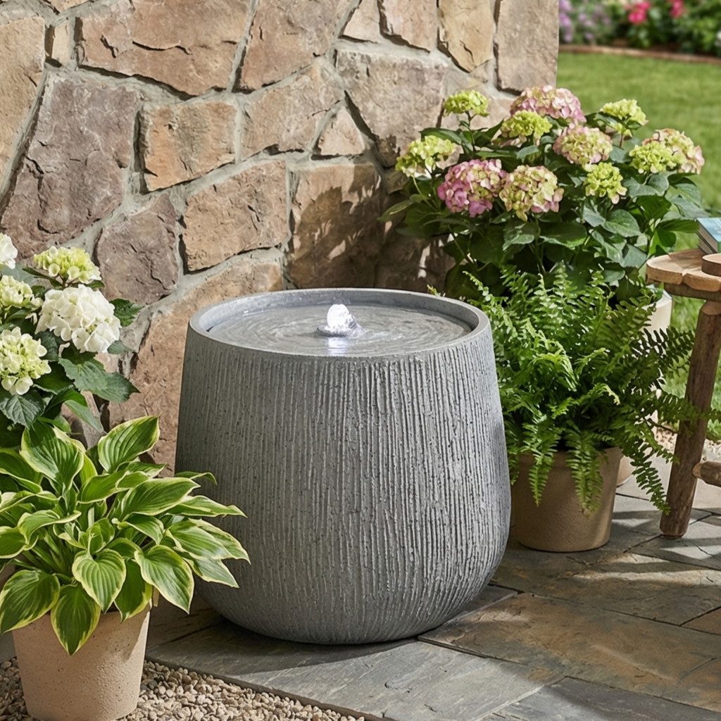 12.99'H Gray Polyresin Outdoor Water Fountain, Bowl-Shaped Water Feature with LED Light for Patio Deck Yard Decor