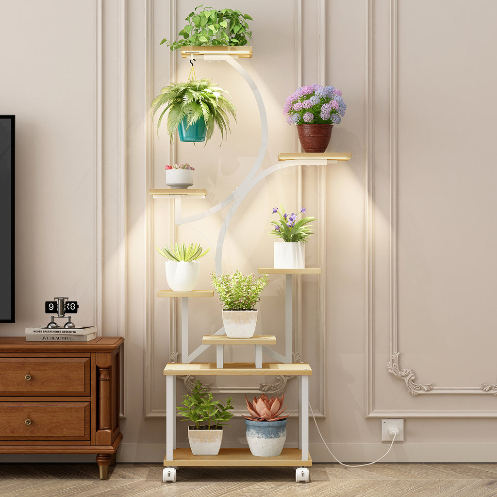 Natural indoor plant stand with grow lights — front view