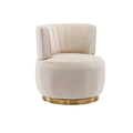 Beige velvet swivel barrel chair — front view