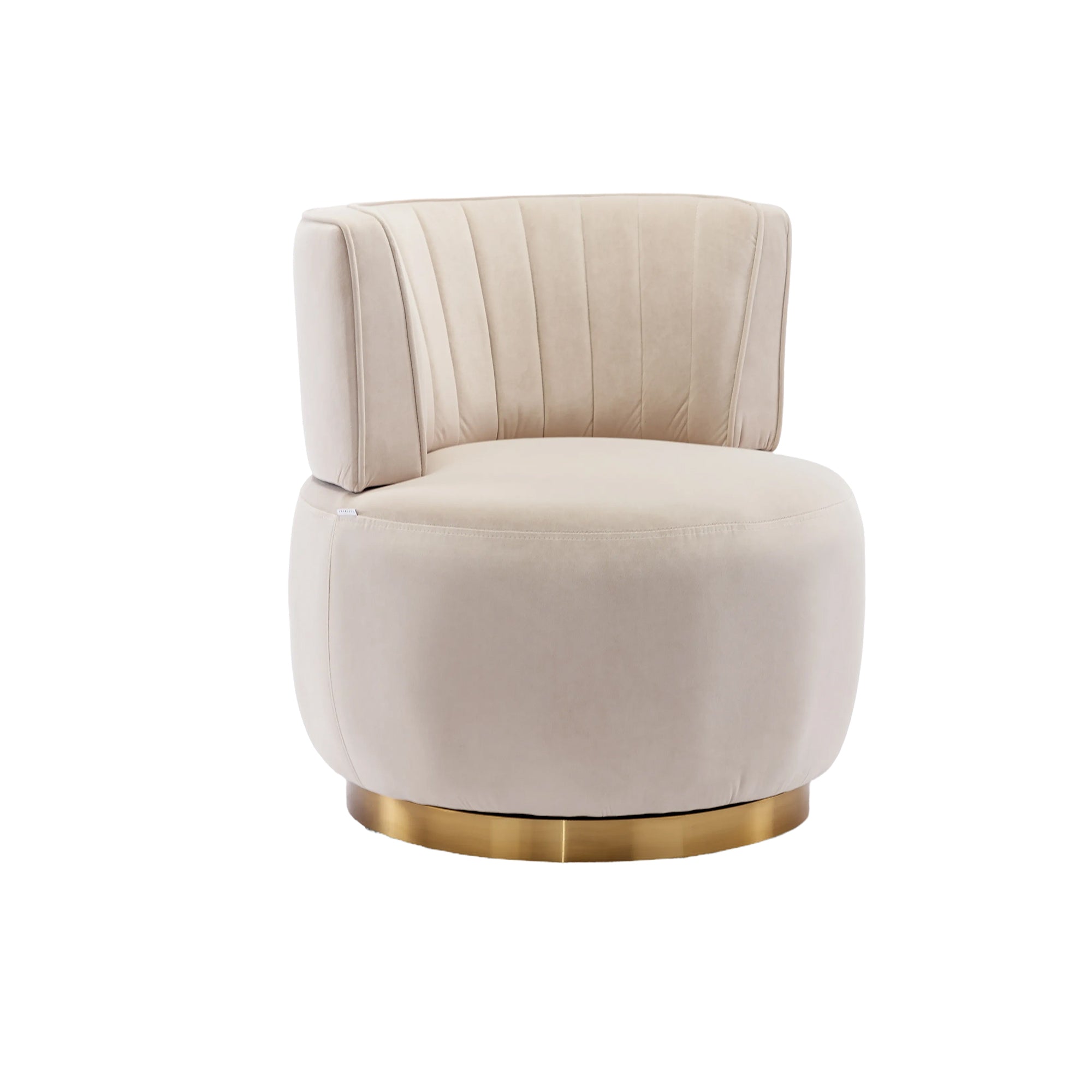 Beige velvet swivel barrel chair — front view