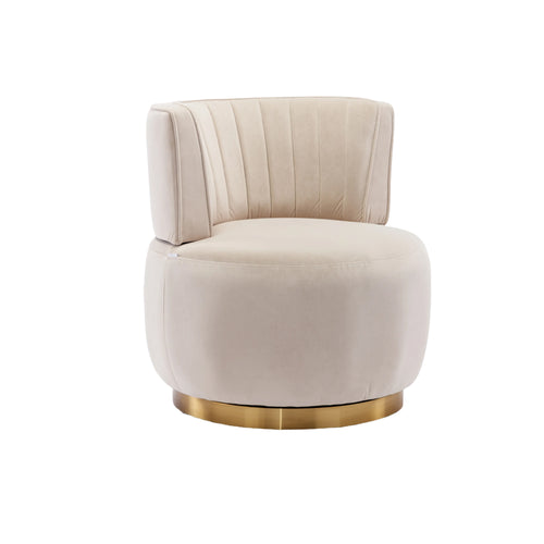 Beige velvet swivel barrel chair — front view