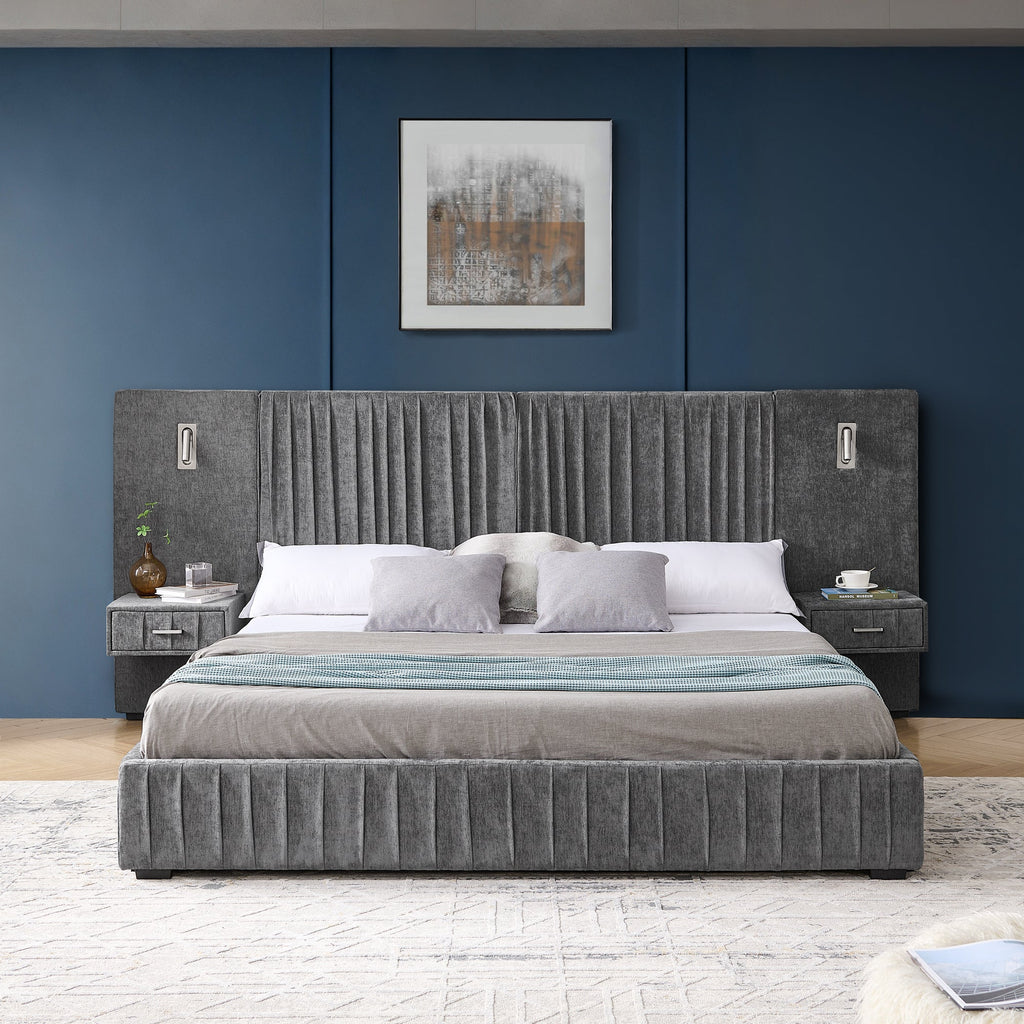 King Size Upholstered Bed Frame with Chenille fabric with pleated design,Grounded King Size Platform Bed with Headboard and Solid Frame and the bedside table.No Box Spring Needed-Blue-Green