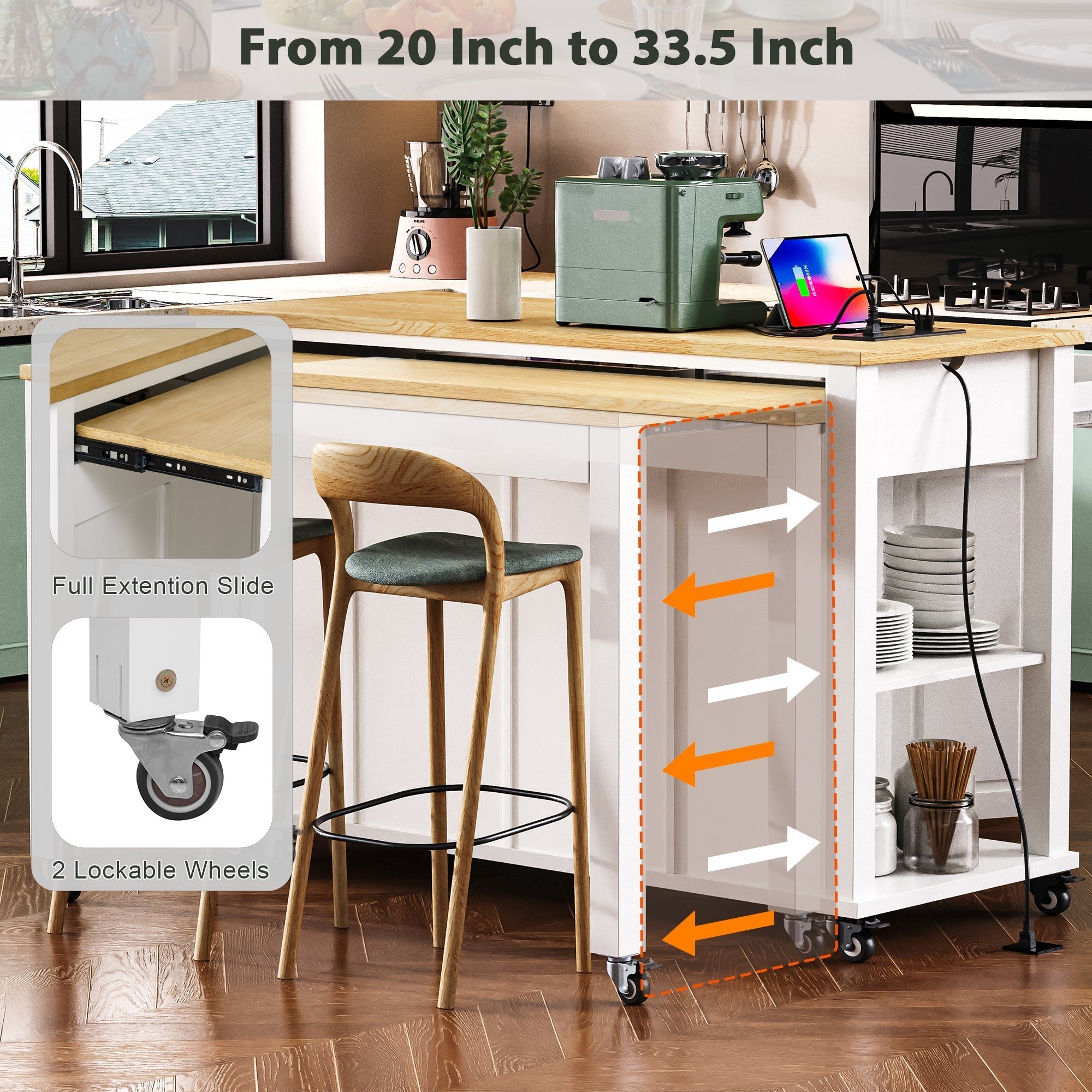 K&K 47 inch Kitchen Island with Extendable Dining Table, Rubber Wood Veneer Kitchen Table with Internal Storage Rack, Power Outlet, Kitchen island with Storage 2 Drawers 2 Cabinet, Black