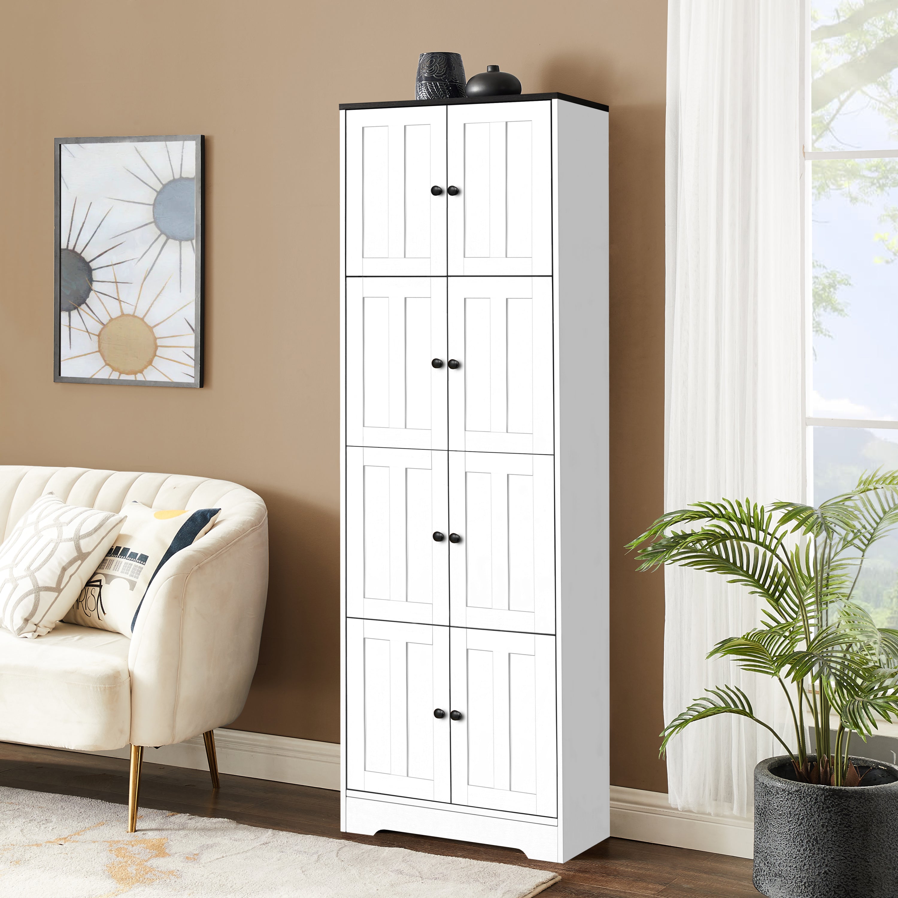 Tall wall storage cabinet white finish — angle view