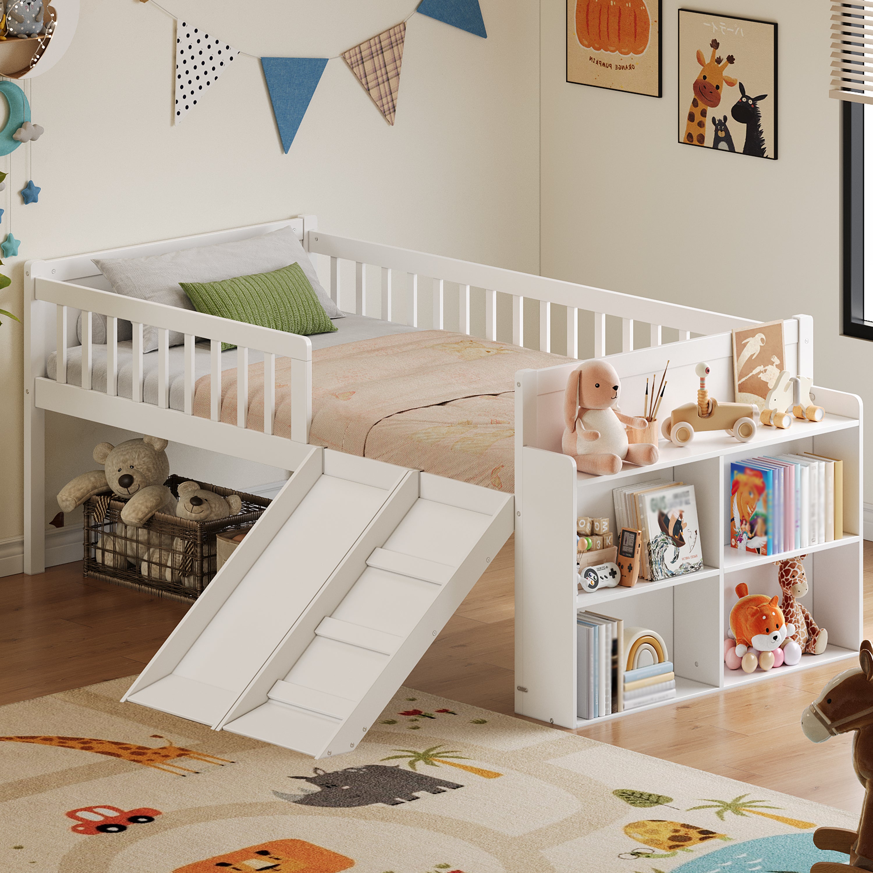 Twin Bed Frame with Storage Shelf, Wooden Bed Frame with Slide and Ladder,Platform Twin Size Bed with Guardrail, No Box Spring Needed, Easy Assembly, White