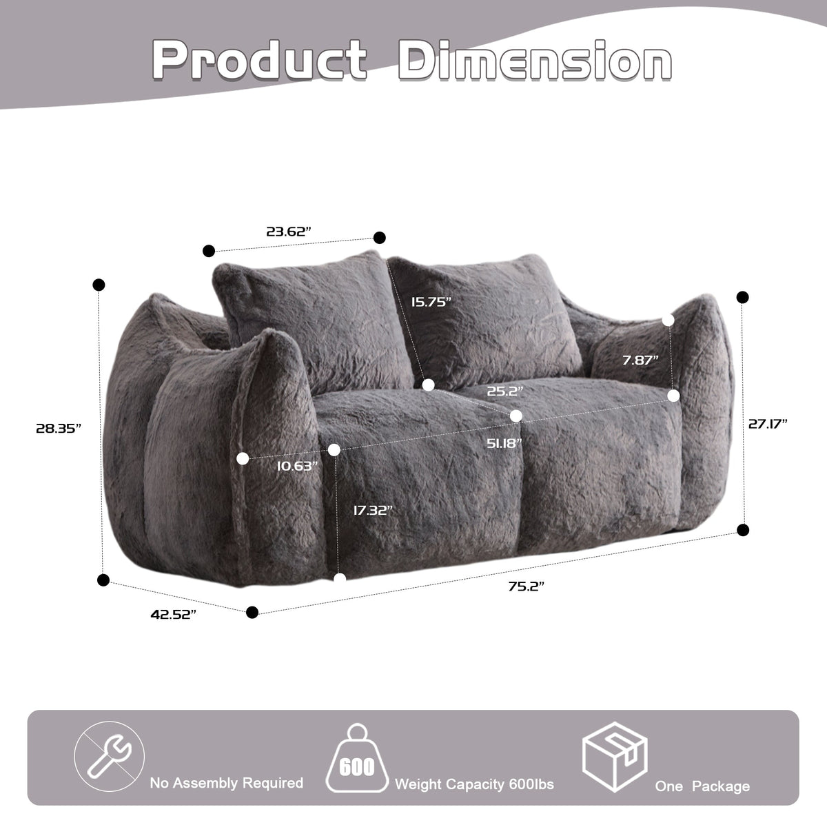 Giant Bean Bag Couch for Adults, Ultra Soft Fluffy Loveseat Bean Bag Sofa, Oversized Chase Lounge Chair Indoor for Living Room Bedroom, No Assembly Required Cozy Reading Chair with Pillows, White