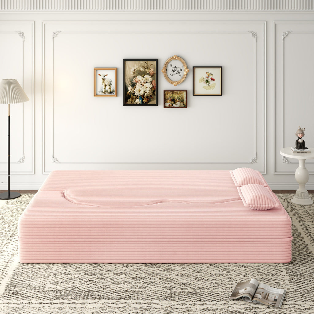 Modern Floor Sofa with 2 Pillows, Convertible Plush Corduroy Foam-Filled Sleeper Sofa Bed,15 ' Full Size Folding Mattress for Living Room, Guest Bed, no assembly required, Light Grey