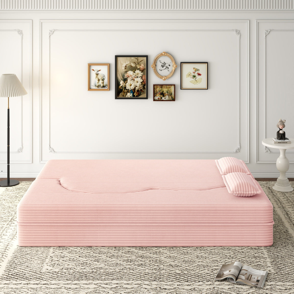 Modern Floor Sofa with 2 Pillows, Convertible Plush Corduroy Foam-Filled Sleeper Sofa Bed,15 ' Full Size Folding Mattress for Living Room, Guest Bed, no assembly required, Light Grey