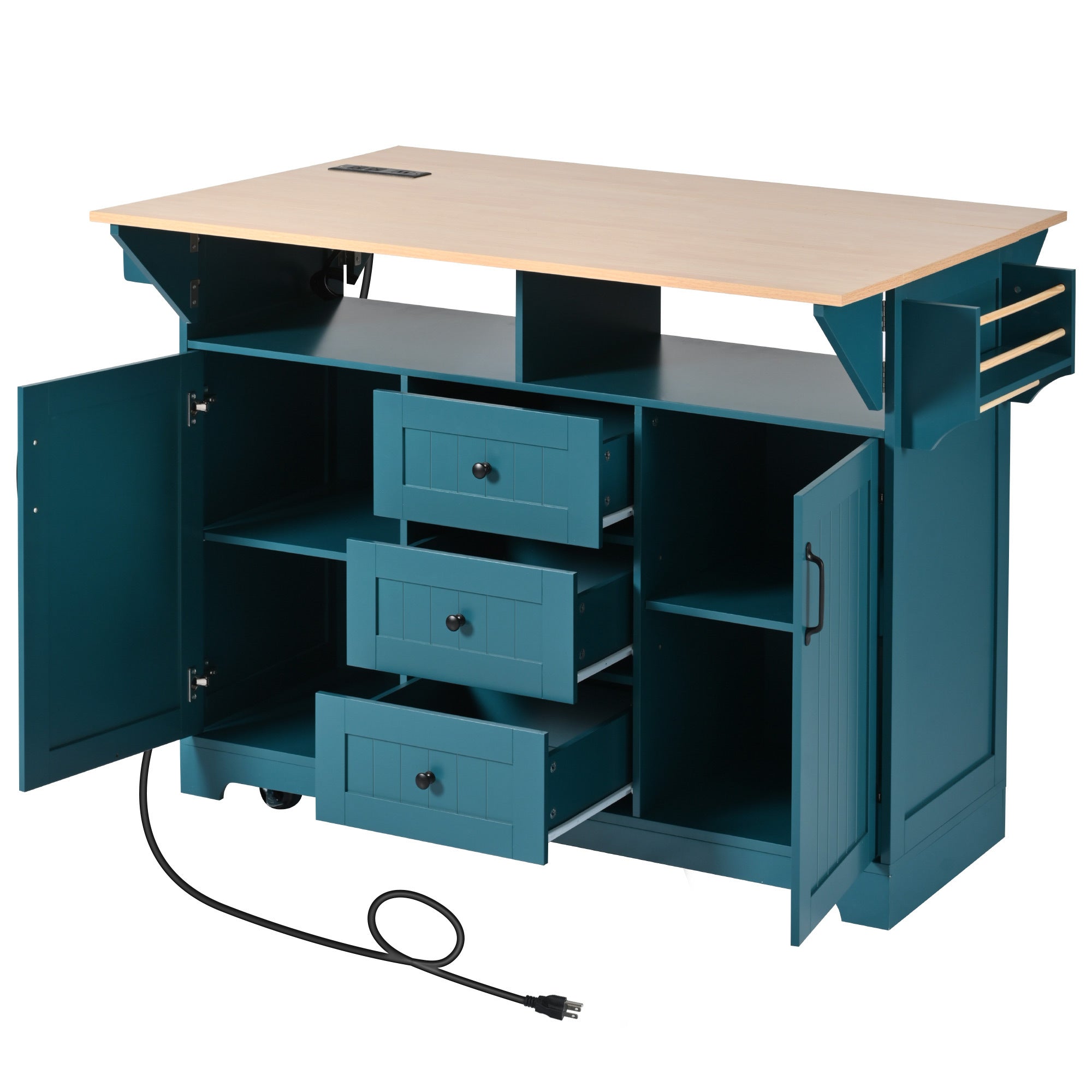 K&K 55.7'' Large Kitchen Island with 2 Drop Leaf,, Rolling Kitchen Cart on 5 Wheels with Power Outlet, Folding Storage Dining Table with Spice & Towel Rack , 3 Drawers, for Kitchen, Dining Room,Black