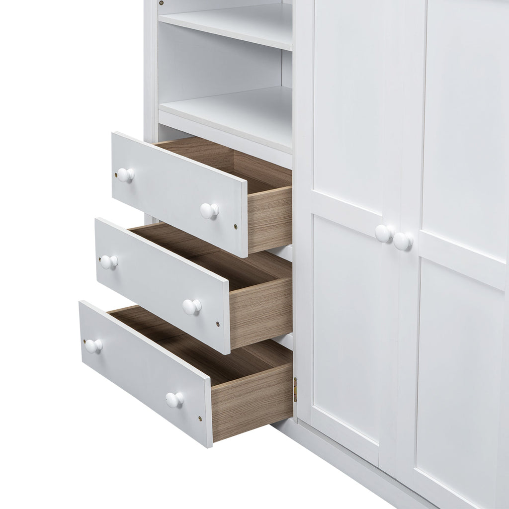 Full Size Loft Bed with Wardrobe, Desk & Storage Drawers — Pine Wood