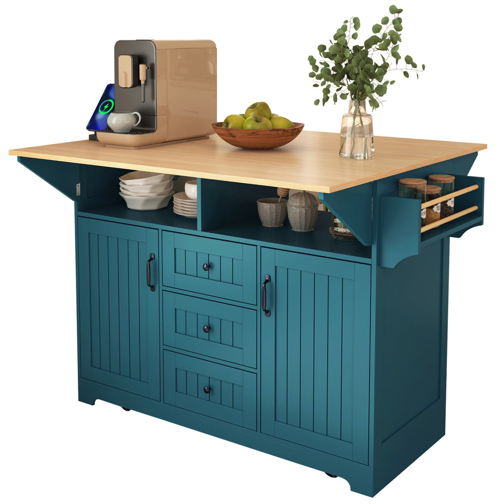 K&K 55.7'' Large Kitchen Island with 2 Drop Leaf,, Rolling Kitchen Cart on 5 Wheels with Power Outlet, Folding Storage Dining Table with Spice & Towel Rack , 3 Drawers, for Kitchen, Dining Room,Black