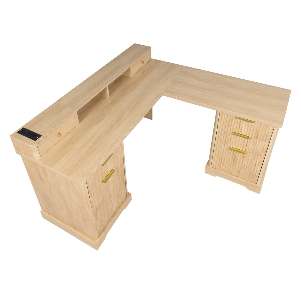 Fluted L-Shaped Desk with Charging Station, Monitor Stand & File Drawer — 59-Inch