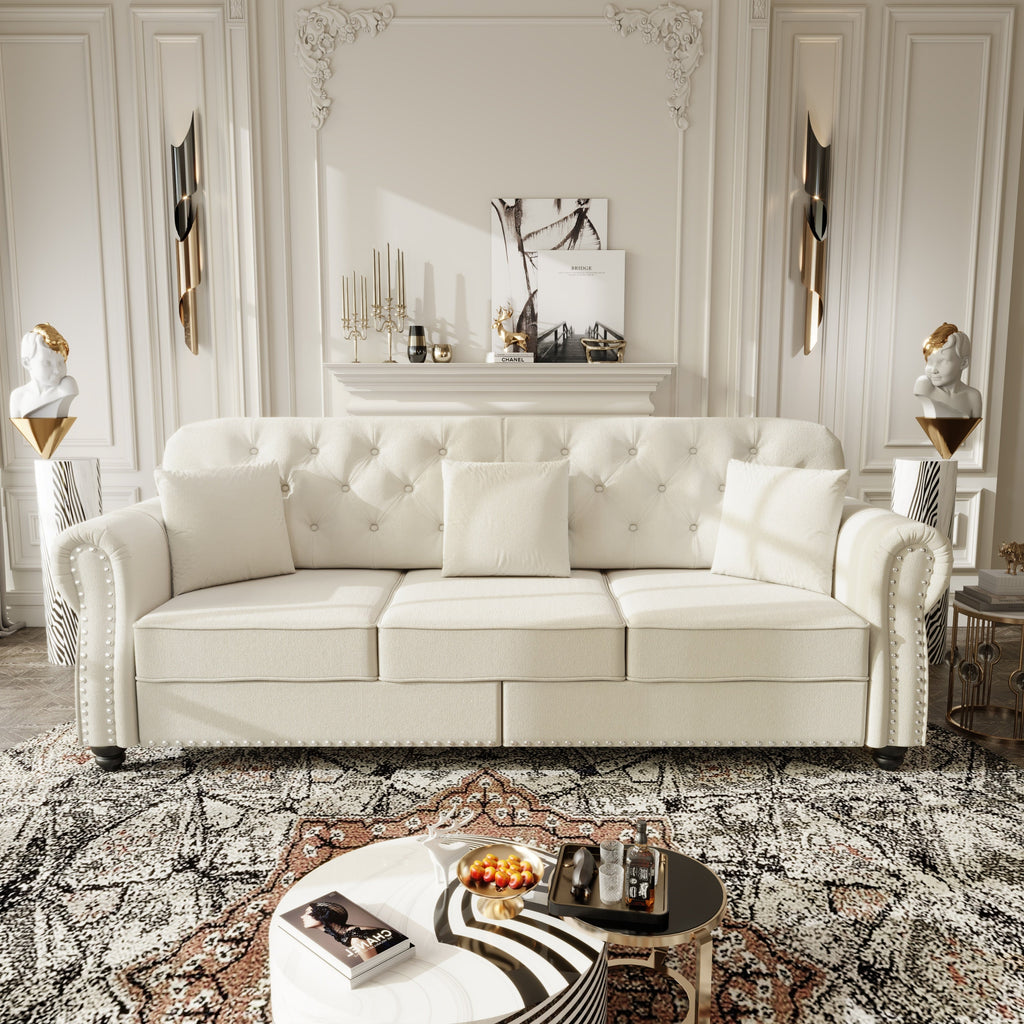 82.6'Upholstered Velvet Sofa with Nailhead Trim and Rolled Armrests,Mid-Century Modern Chesterfield Sofa with Button Tufted,Includes 3 Pillows,Burgundy