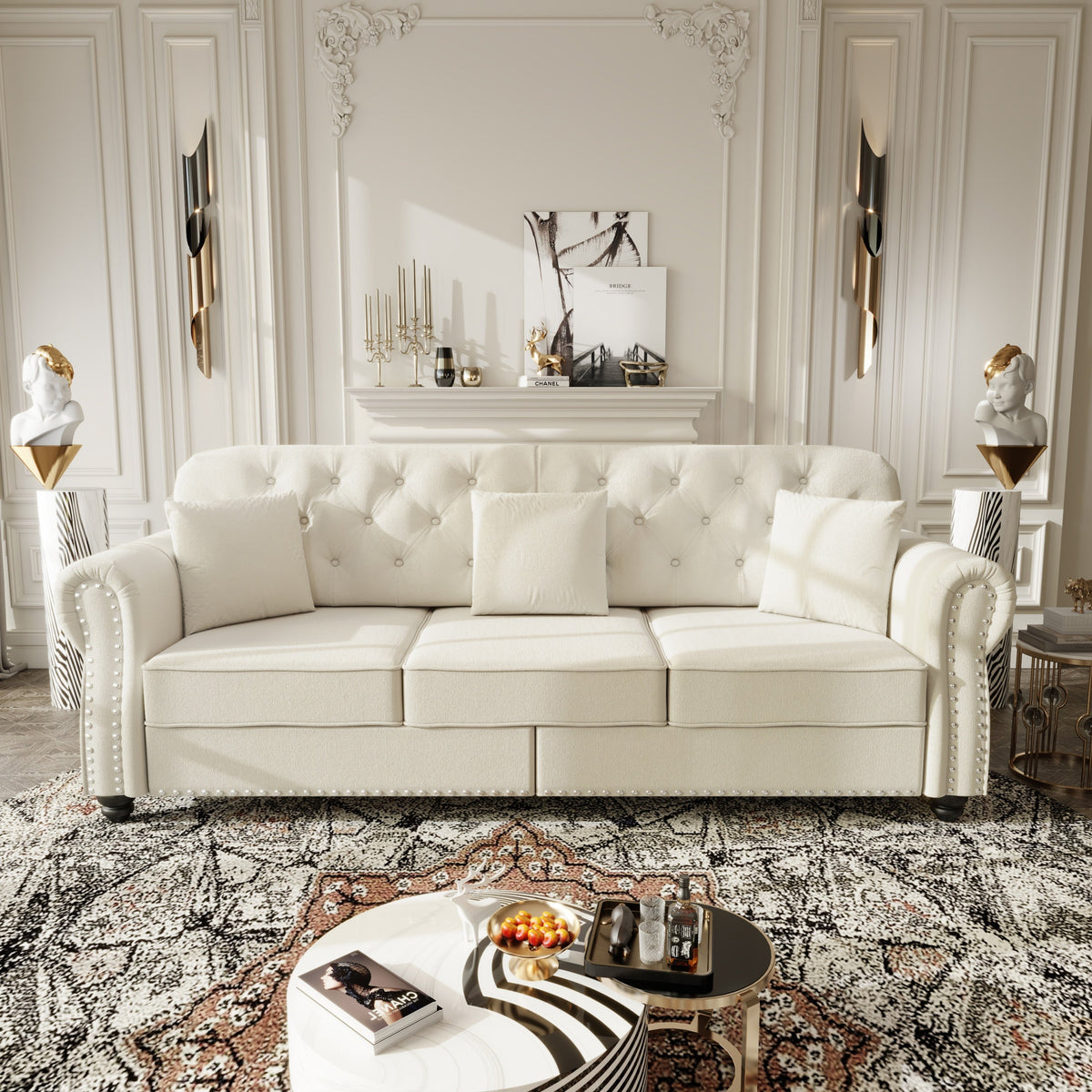 82.6'Upholstered Velvet Sofa with Nailhead Trim and Rolled Armrests,Mid-Century Modern Chesterfield Sofa with Button Tufted,Includes 3 Pillows,Burgundy