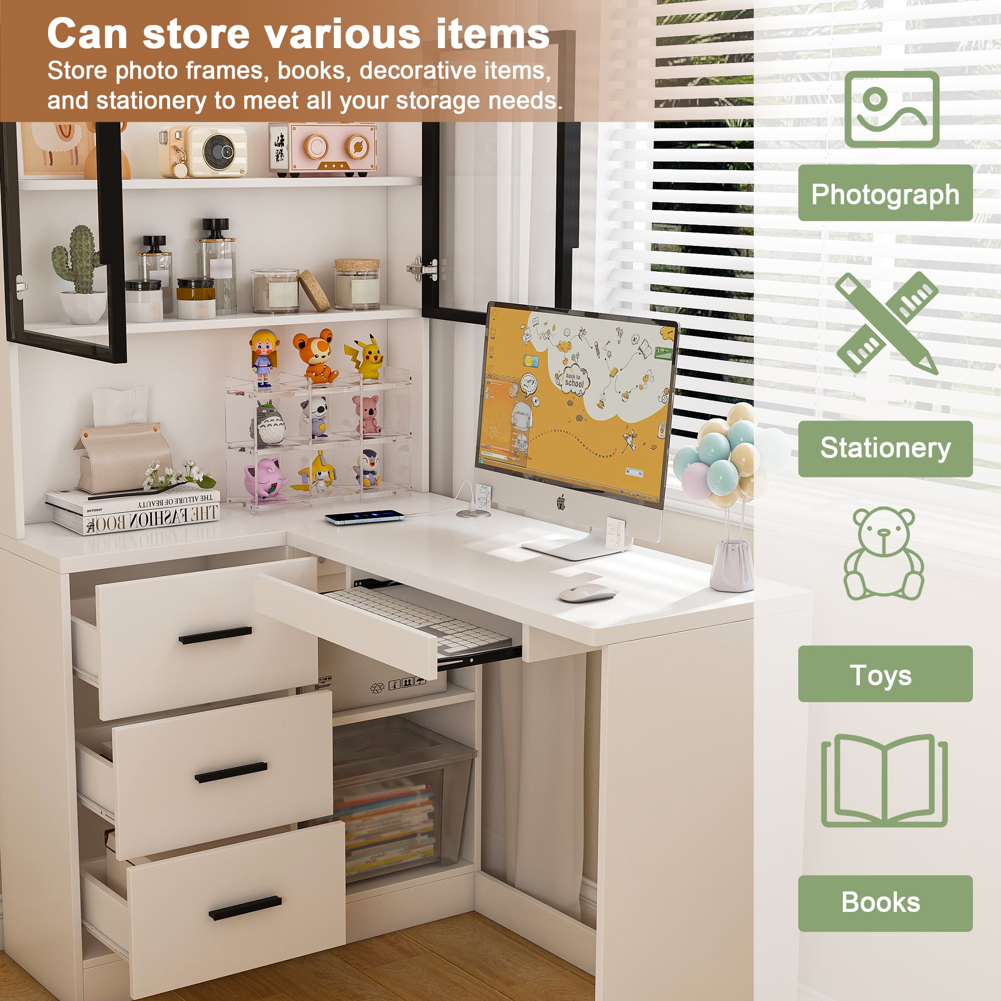 White MDF L-shaped desk glass cabinet interior detail