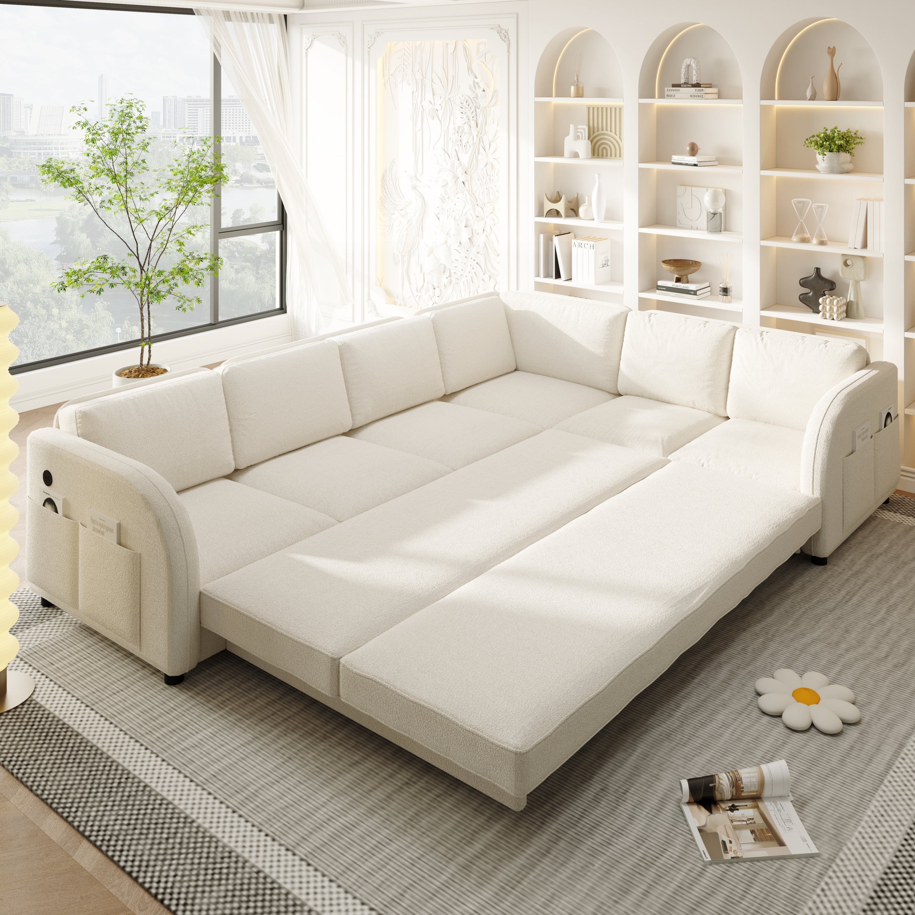 115.2' L-Shaped Sofa Couch with Pull-Out Bed,Oversize Convertible Sleeper Sofa with side Pocket & USB Port,Teddy Upholstered Sectional Couches with Convert Left/Right Facing, Light Grey