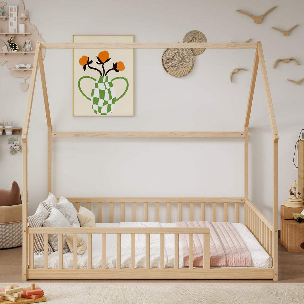 Full Size House Floor Bed with Roof Frame ,Pine Wood Floor Bed with Safety Guardrails,Natural