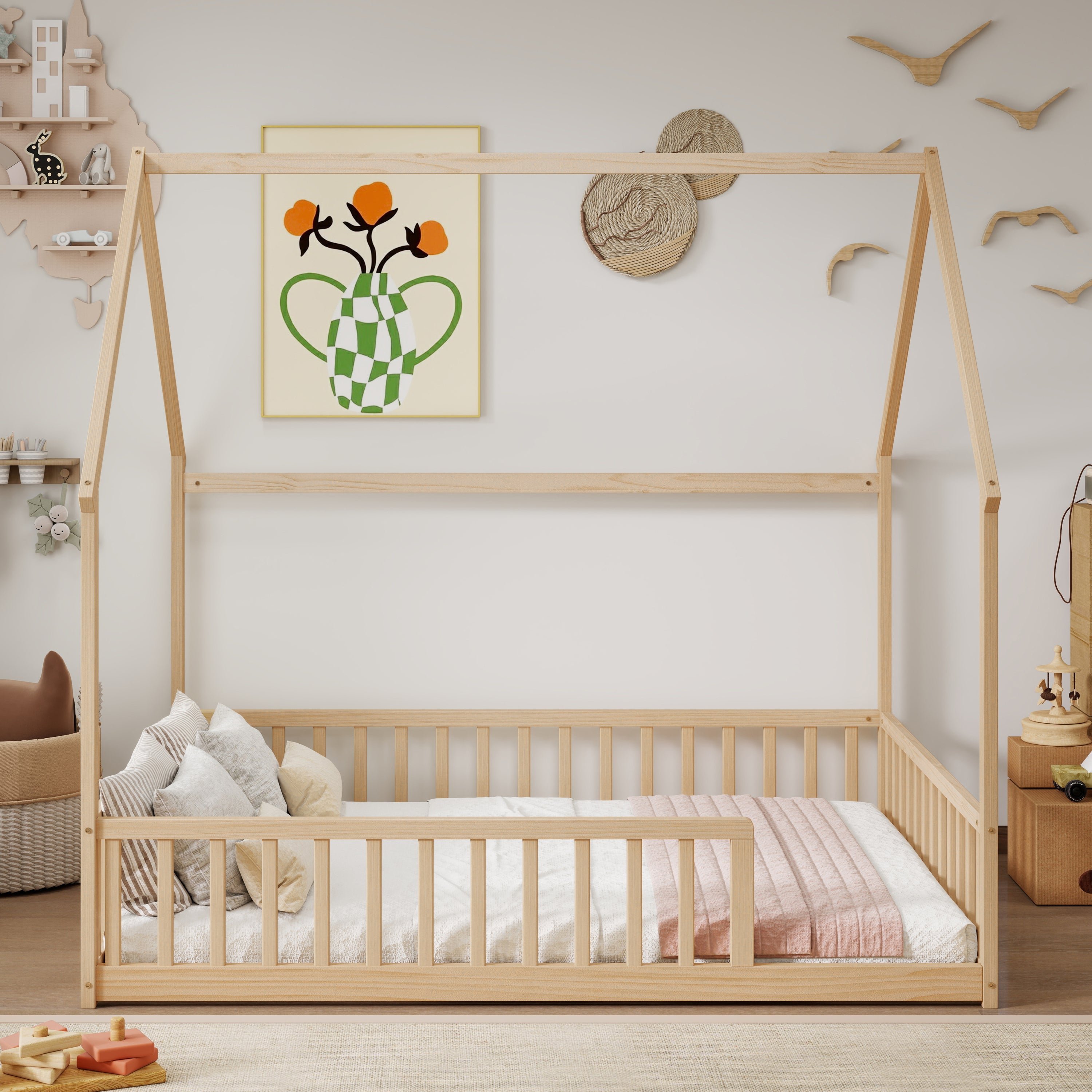 Full Size House Floor Bed with Roof Frame ,Pine Wood Floor Bed with Safety Guardrails,Natural