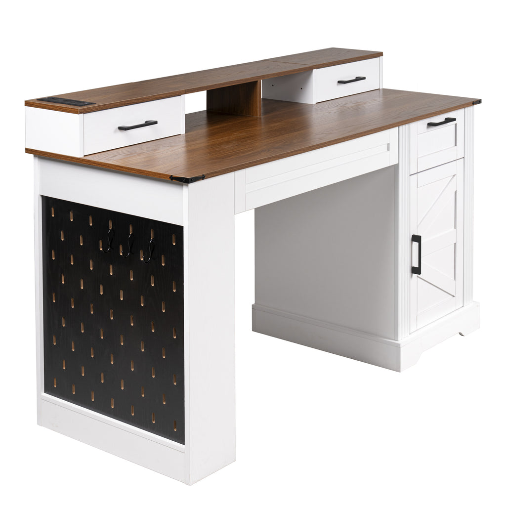 White office desk side profile with pegboard storage