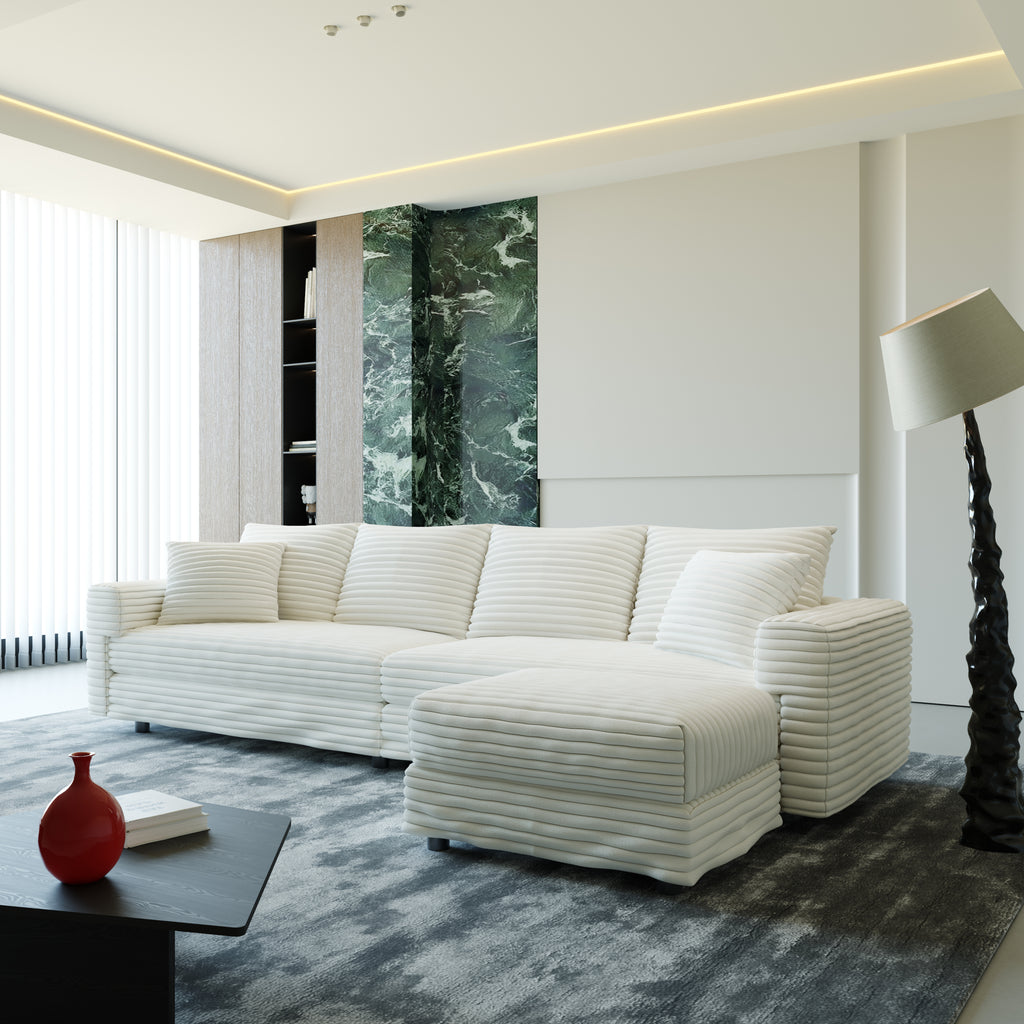 102.4 'Plush Corduroy 4-Seat Sofa,Modern Comfy Upholstered Sofa Cloud Couch,Deep Seat Couches with Soft Pillows and Movable Ottoman,Convertible Sofa Lounge Chair,Office,Beige(Old Sku W1885S00108